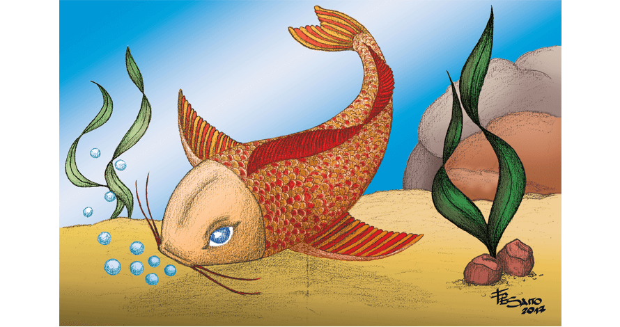 ilustração digital peixe bagre fundo do mar pedras e plantas