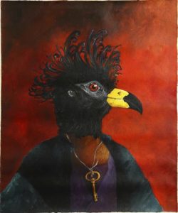 mulher cabeça de pássaro fundo vermelho - Únicos Variáveis